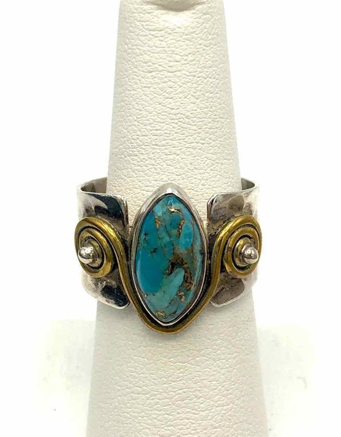 Turquoise Color Sterling Silver Gold Plated Hammered SZ 9.5 Ring SS