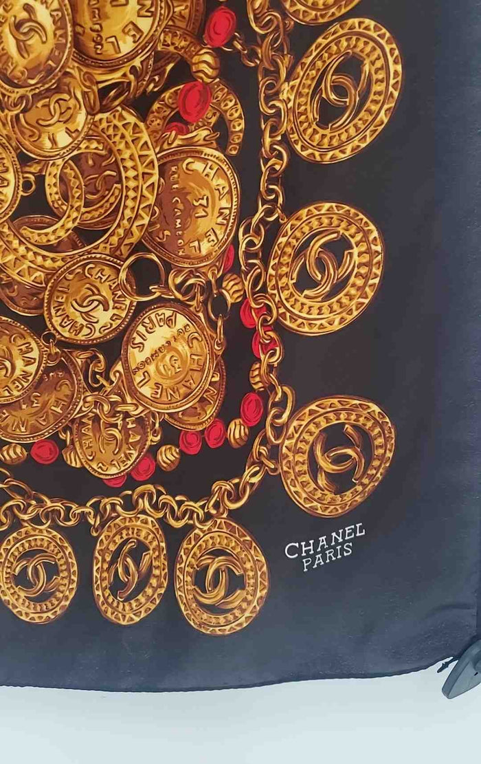 CHANEL Black Silk Pre Loved Coins 34" 35" Goldtone Scarf