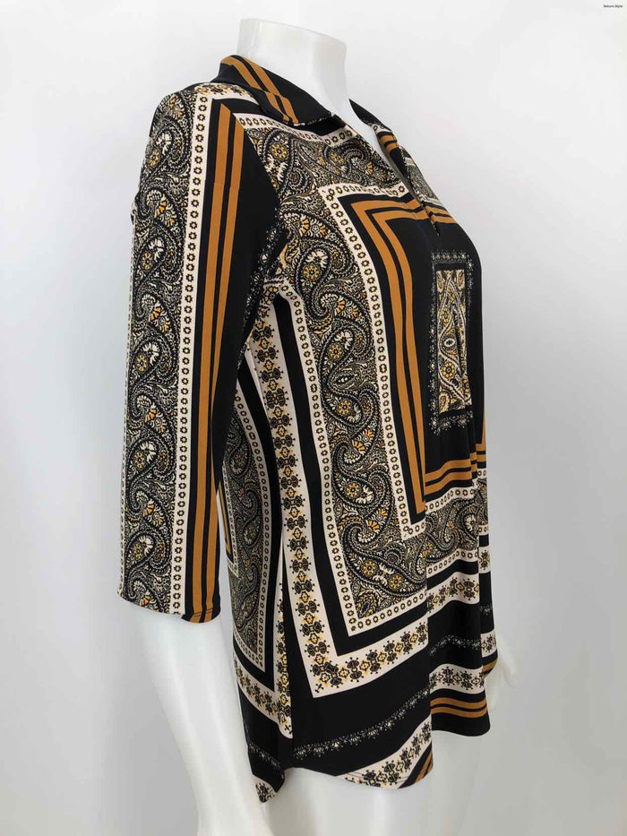 JOSEPH RIBKOFF Black & White Yellow Print 3/4 Sleeve Size 8  (M) Top