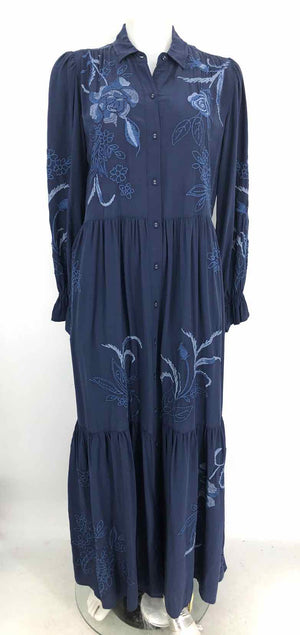 JOHNNY WAS Navy Silk Embroidered Maxi Length Size SMALL (S) Dress