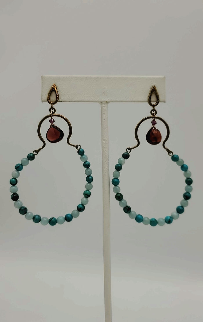 SUNDANCE Turquoise Glass Garnet Beaded Dangle Earrings