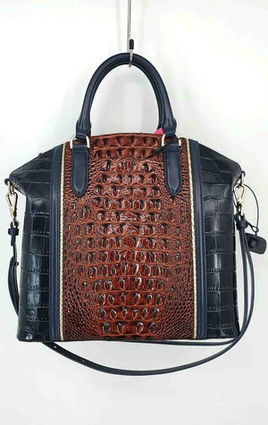 BRAHMIN Navy Brown Gold Leather Has Tag Mock Croc Satchel Purse