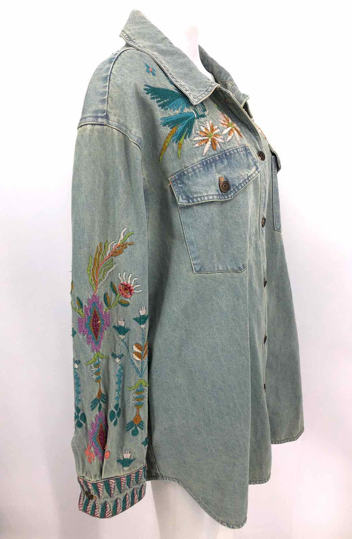 JOHNNY WAS Lt Blue Turquoise Embroidered Shacket Women Size LARGE  (L) Jacket