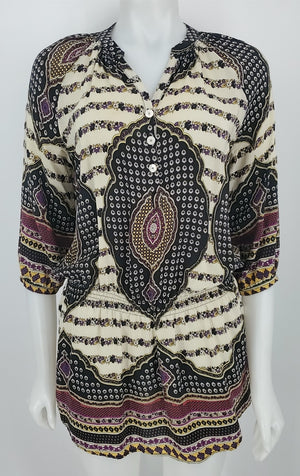 YA DA Cream Black Multi Silk Floral Print Longsleeve Size SMALL (S) Dress