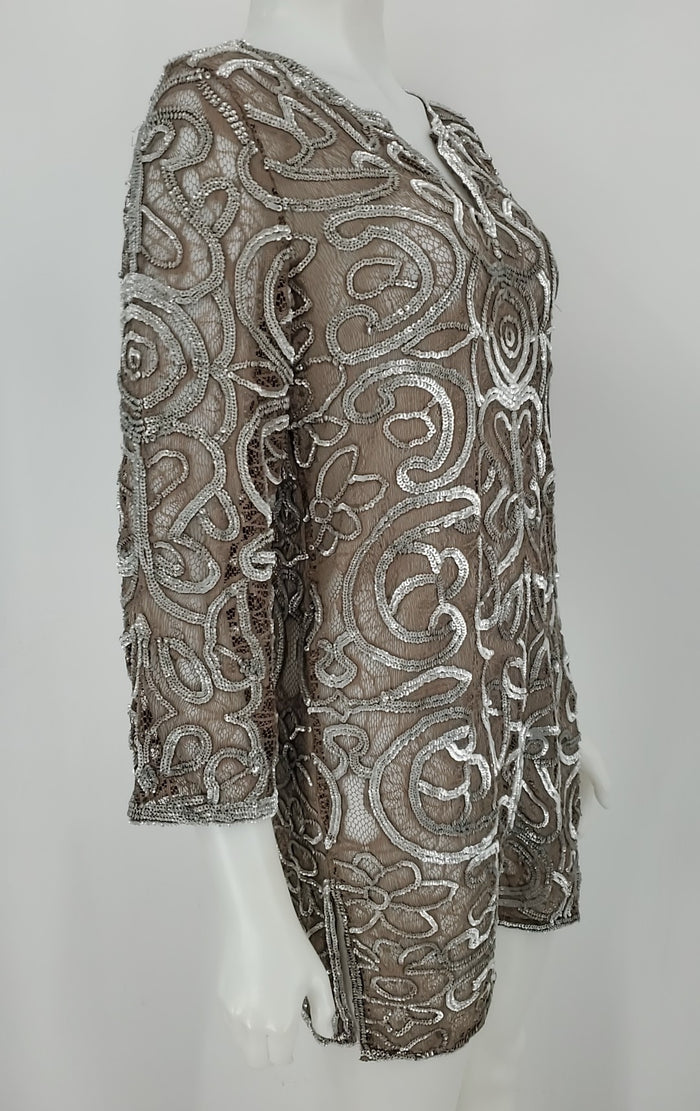 CALYPSO ST. BARTH Taupe Silver Lace Sequined Longsleeve Size SMALL (S) Top