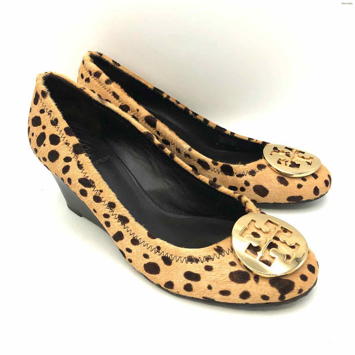 TORY BURCH Beige Brown Fur Leather Animal Print 2.5" Wedge Shoe Size 8 Shoes