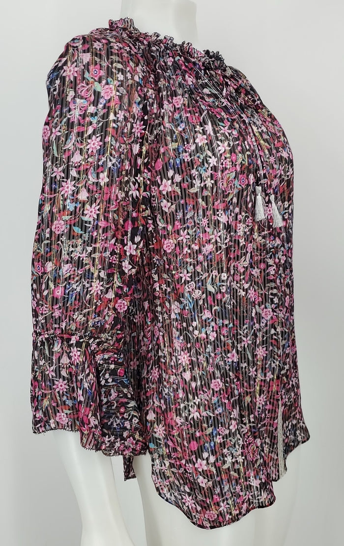 ELLIE TAHARI Pink & Black Blue Multi Silk Blend Floral Size SMALL (S) Top