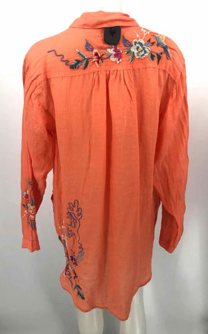 JOHNNY WAS Orange Blue Multi Ramie Embroidered Longsleeve Size X-LARGE Top