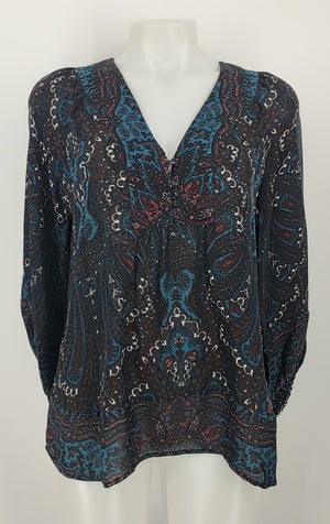 JOIE Black Teal Multi Silk Print Longsleeve Size SMALL (S) Top