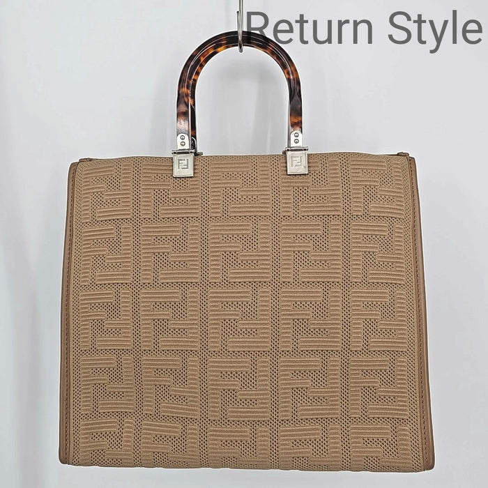 FENDI Tan Brown Woven Plexiglass Pre Loved Monogram 14" 5.5" 11 in Purse