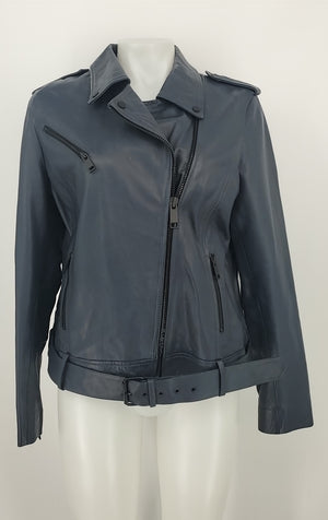 BARNEY'S Navy Black Leather Moto Women Size LARGE  (L) Jacket