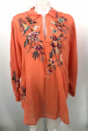 JOHNNY WAS Orange Blue Multi Ramie Embroidered Longsleeve Size X-LARGE Top