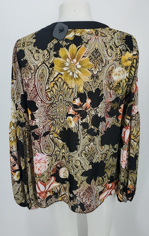 JOSEPH RIBKOFF Black Green Multi Floral Print Longsleeve Size 8  (M) Top