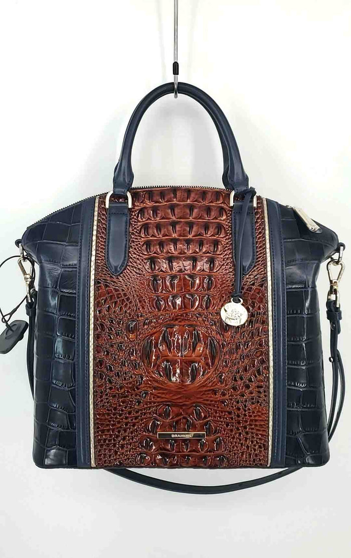 BRAHMIN Navy Brown Gold Leather Has Tag Mock Croc Satchel Purse