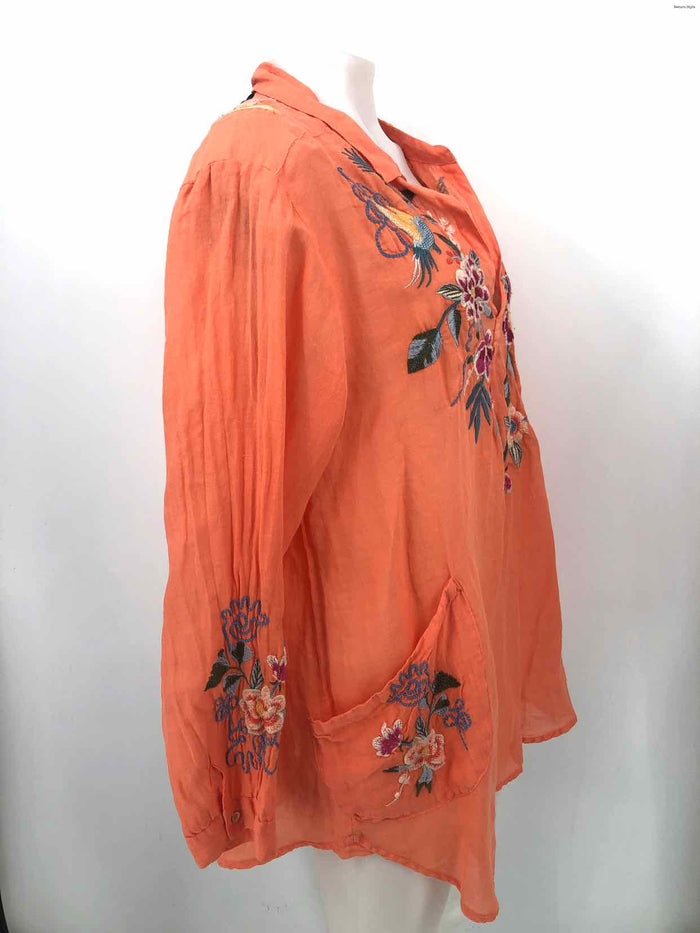 JOHNNY WAS Orange Blue Multi Ramie Embroidered Longsleeve Size X-LARGE Top