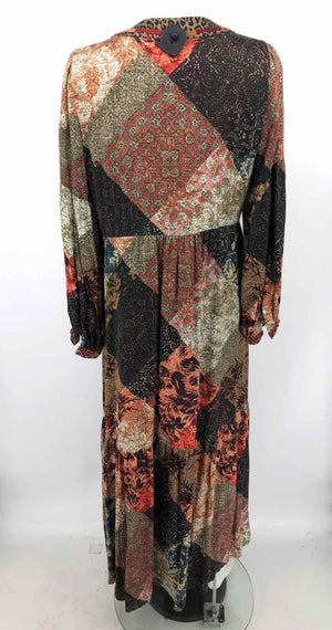 JOHNNY WAS Peach & Olive Blue Multi Silk Print Maxi Length Size SMALL (S) Dress