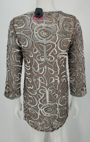 CALYPSO ST. BARTH Taupe Silver Lace Sequined Longsleeve Size SMALL (S) Top