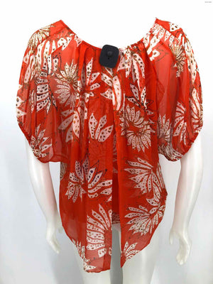 DVF - DIANE VON FURSTENBERG Orange White Silk Abstract Floral Size 4  (S) Top