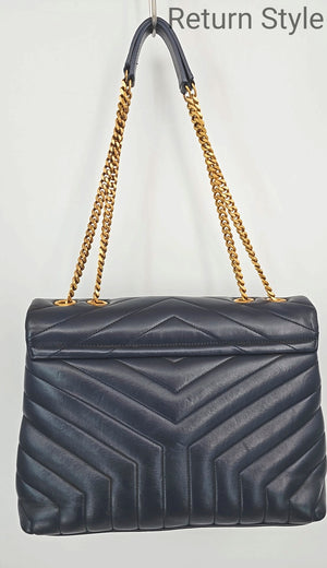 YSL - YVES ST LAURENT Navy Gold Leather Quilted Chain Trim Adjustable 12" Purse