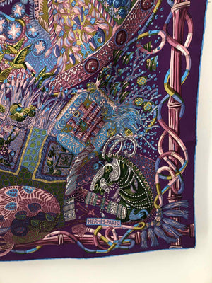 HERMES Purple Green Silk Excellent Condition Print Square 90cm Scarf