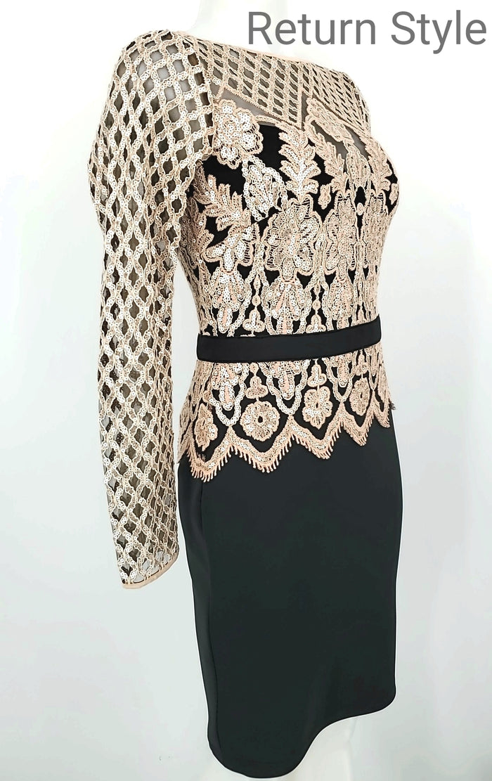 TADASHI SHOJI Beige Black Sequined Size 2  (XS) Dress