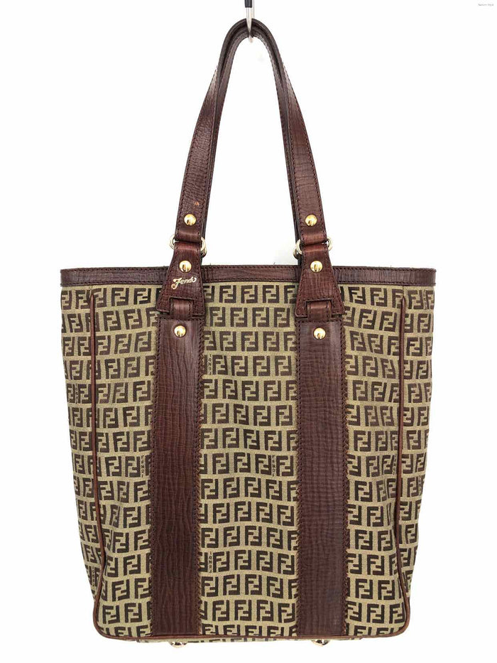 FENDI Brown Tan Canvas & Leather Monogram Tote Purse