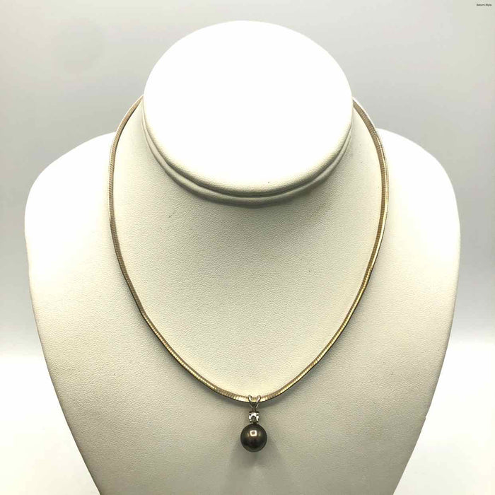 Gray Diamond 14k & Pearl Pendant on Omega Chain 14k-Necklace