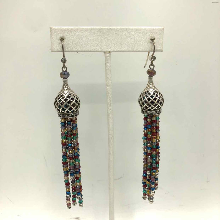 BRIGHTON Silvertone Red Multi Pre Loved Beaded Tassels Earrings