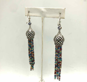 BRIGHTON Silvertone Red Multi Pre Loved Beaded Tassels Earrings