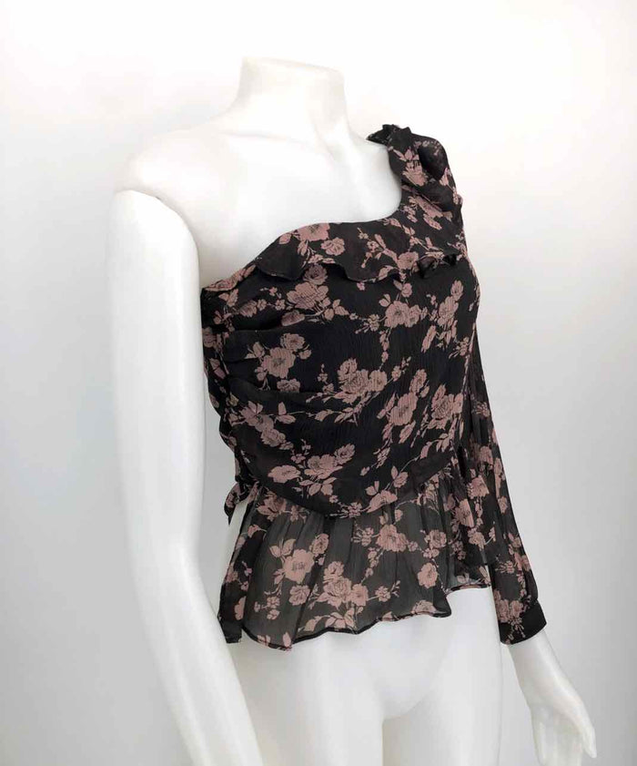 FOR LOVE & LEMONS Gray Pink Silk Floral One Shoulder Size SMALL (S) Top