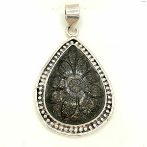 Black Sterling Silver Specular Hematite Flower Teardrop ss Pendant - ReturnStyle