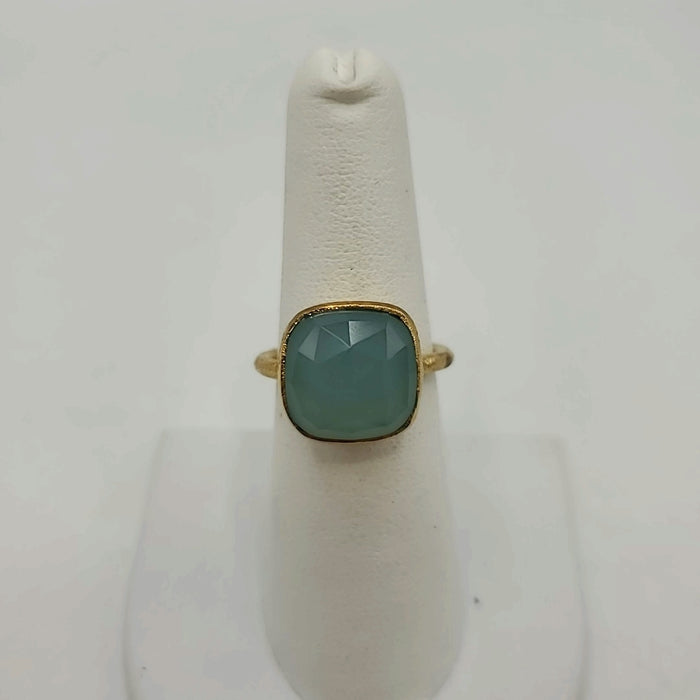 Goldtone Pale Blue Brushed Metal Faceted Ring Sz 7