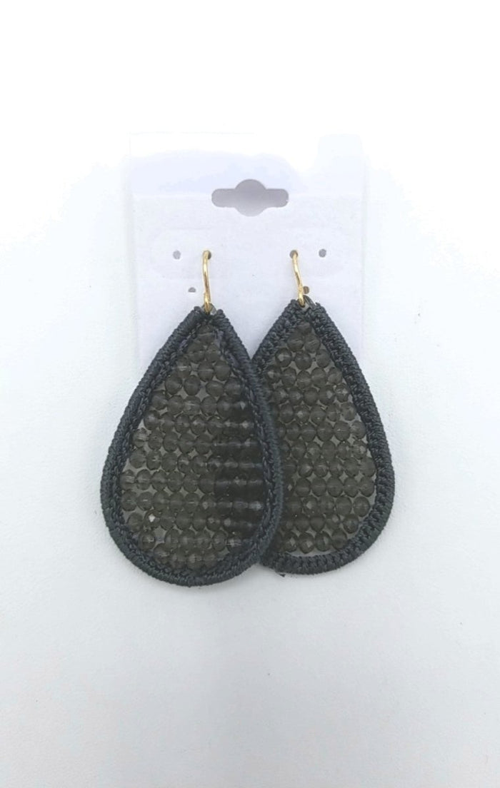 Gray Beaded Faceted Teardrop Earrings