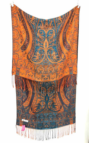 PASHMINA Orange Turquoise Cashmere Print Fringe Scarf - ReturnStyle